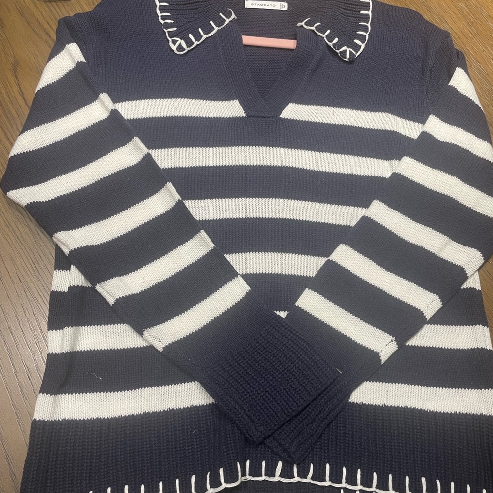 Staccato Navy and White V-Neck Striped Sweater